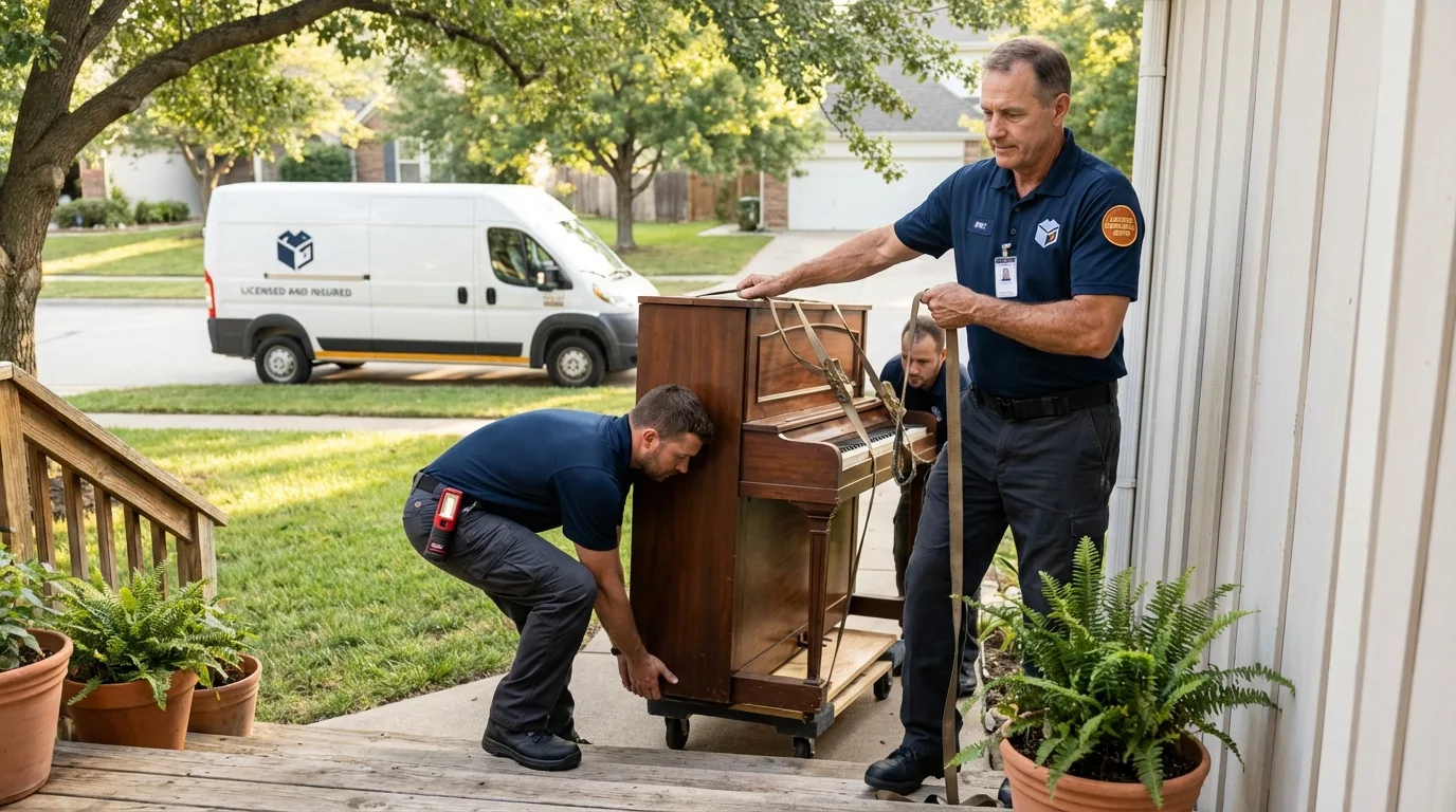 Licensed piano movers securing grand piano in West Point, MS