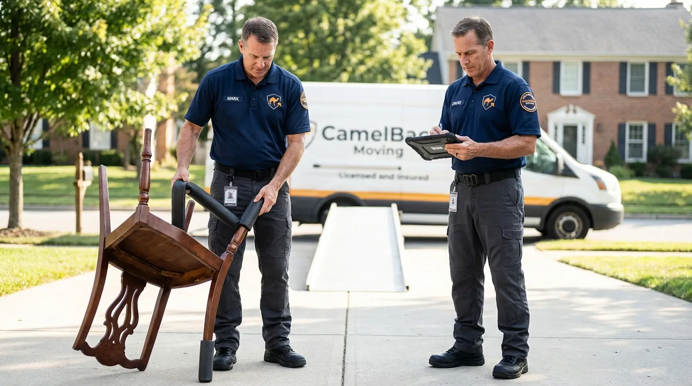 Movers inspecting furniture for damage prevention before loading in West Point, MS
