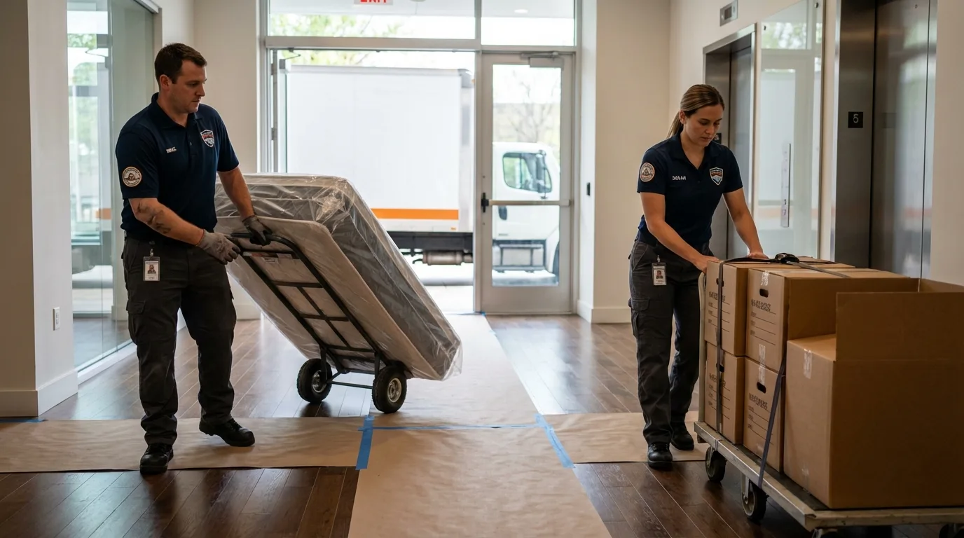 Professional apartment movers loading elevator in West Point, MS